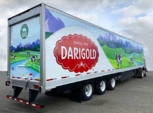 Darigold Truck Wrap with EcoFormat Coating, a clear overprint applied during the production process that is scientifically proven to purify the air. Completed by SuperGraphics.
