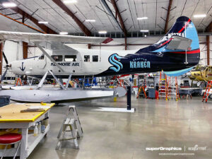 Seattle Kraken plane wrap for Kenmore Air, completed by SuperGraphics.