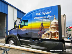 Truck wrap on Kenworth T680 Next Gen, the vehicle transporting the US Capitol Christmas tree (named Sugar Bear) from California to Washington DC.