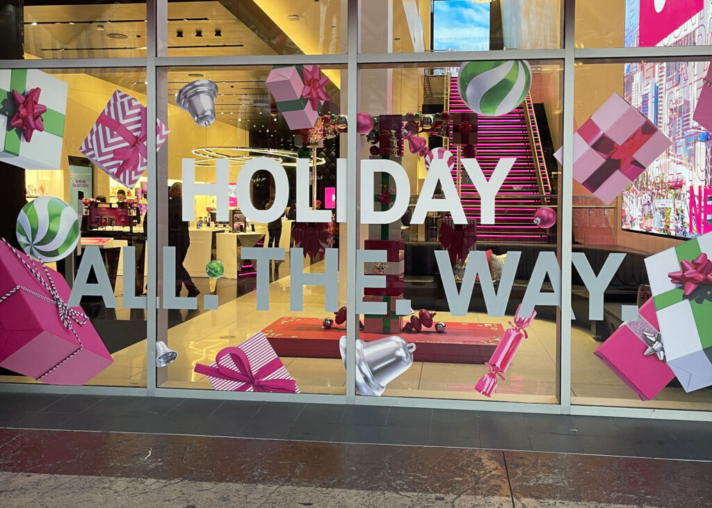 T-Mobile holiday retail campaign window graphics.