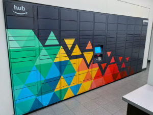 Amazon package locker with a unique design consisting of a color gradient of triangles