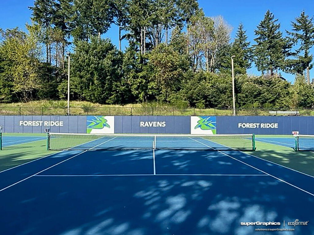 Exterior wall graphics for Forest Ridge tennis courts, completed by SuperGraphics