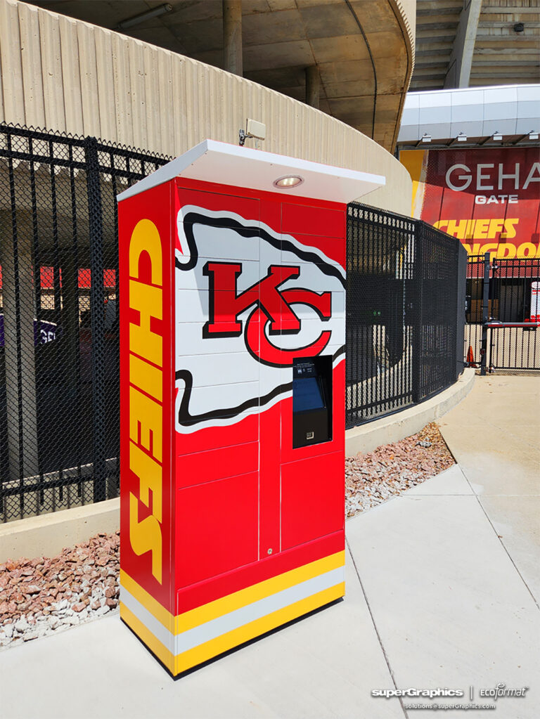 Smart package locker painted in red and yellow with Kansas City Chiefs logo, located at Arrowhead Stadium, Missouri.