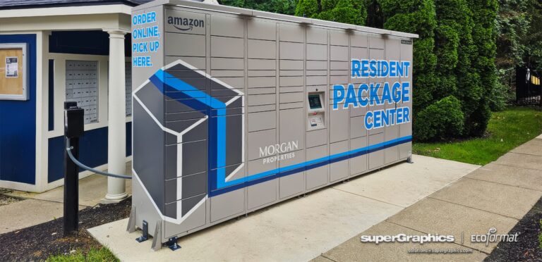 An Amazon locker at a Morgan Properties location wrapped in a smart locker wrap, featuring bold branding and design for secure package pickup.