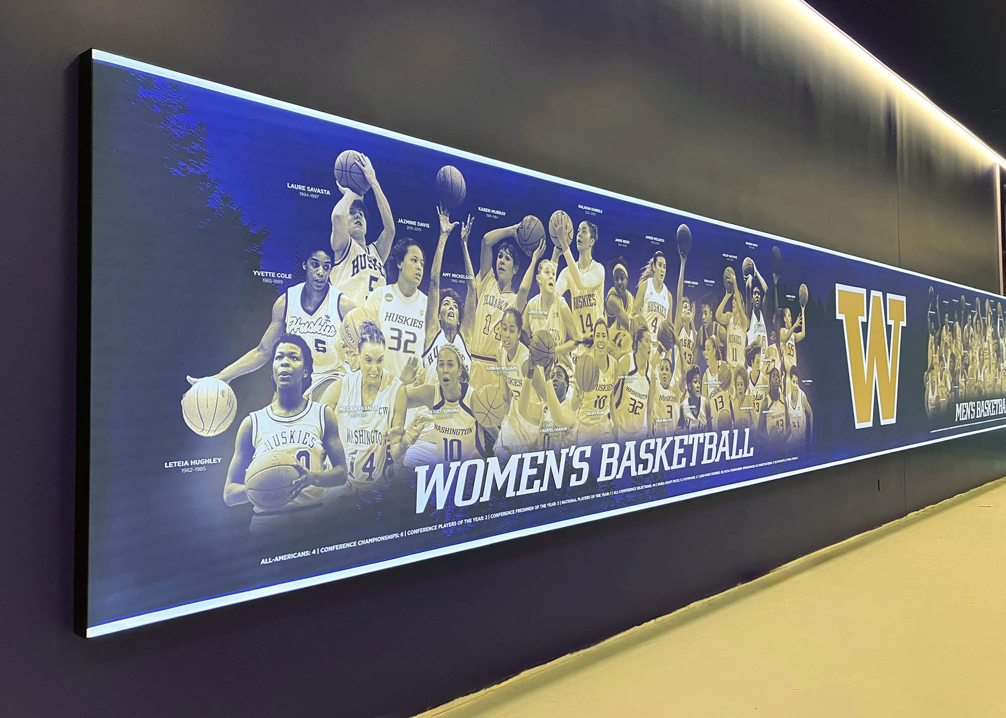 Illuminated SEG graphic featuring historic University of Washington women’s basketball players installed along a hallway in the renovated training facility.