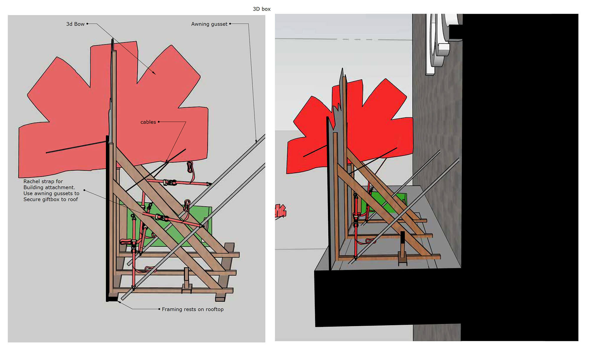 Engineering rendering showing the structural framing and cable attachment plan for a 3D holiday gift box installation on a Nordstrom Rack storefront.
