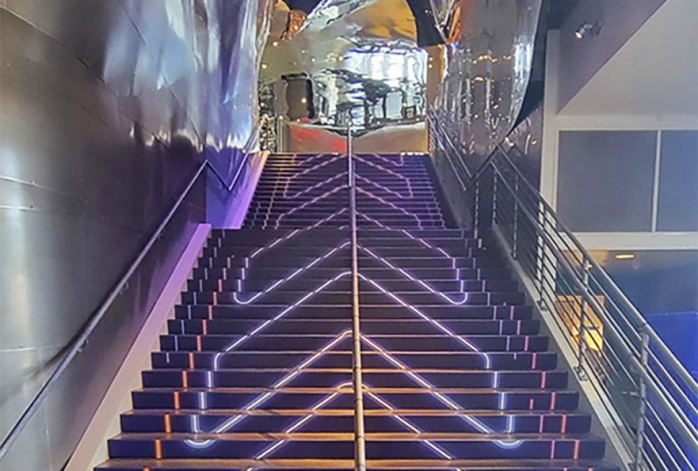 Vibrant event staircase graphics in Seattle at MoPOP.