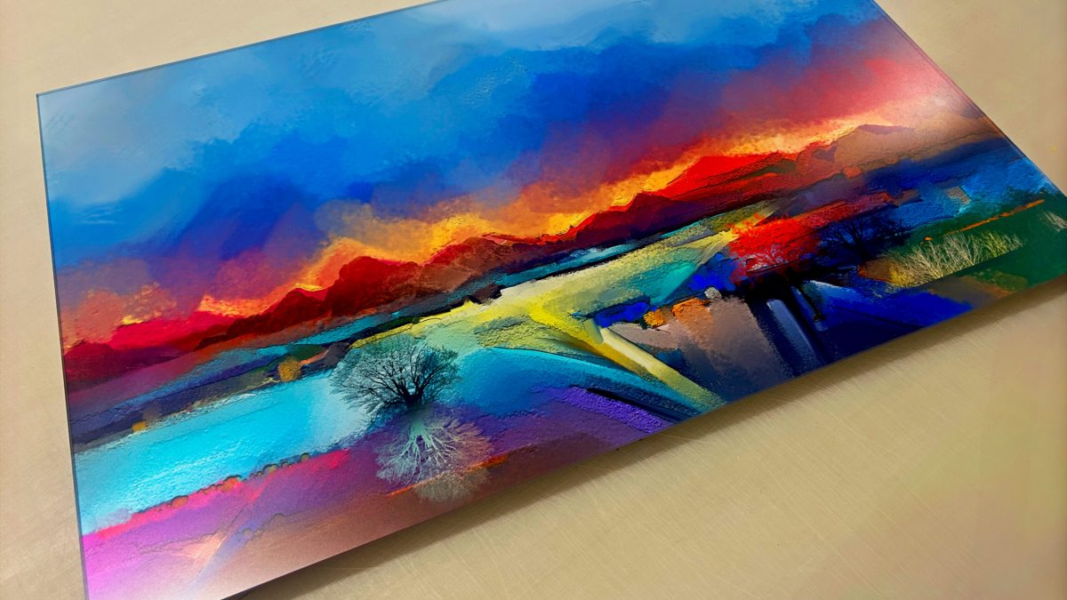 Photo of Fine Art Acrylic print produced by Northwest Fine Art Printing. Shows a painterly, vibrant mountain scape.