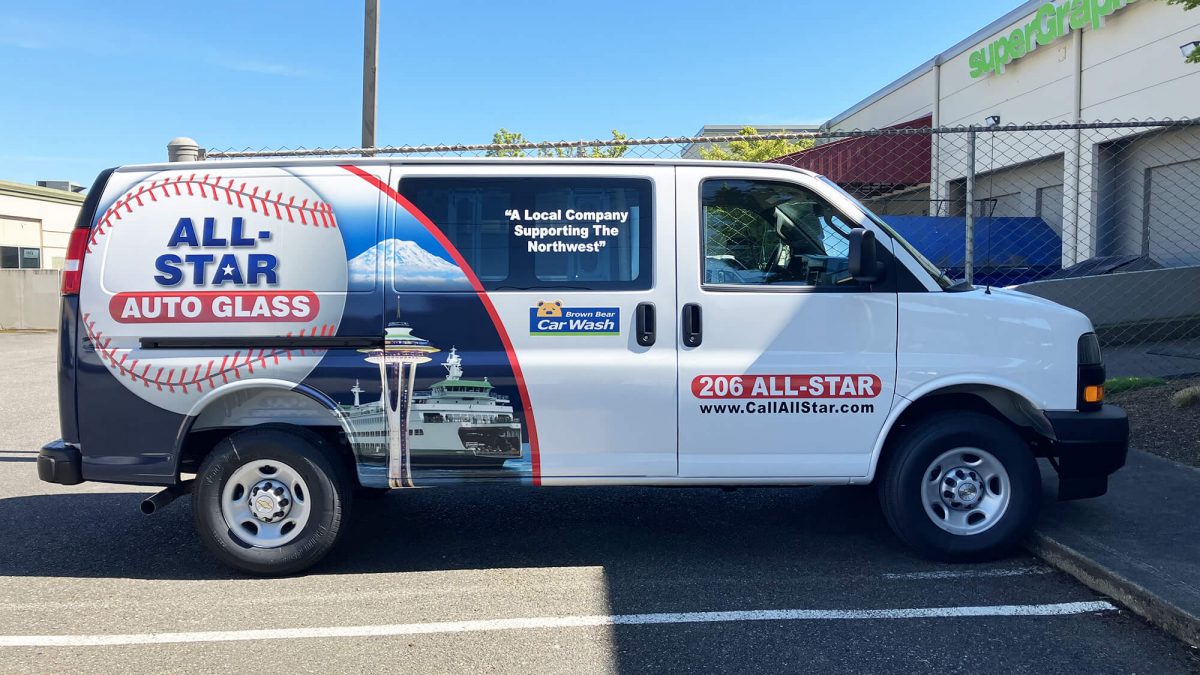 All-Star Auto Glass fleet wrap, produced and installed by SuperGraphics. Showcases informational messaging along with cityscape and baseball photography.
