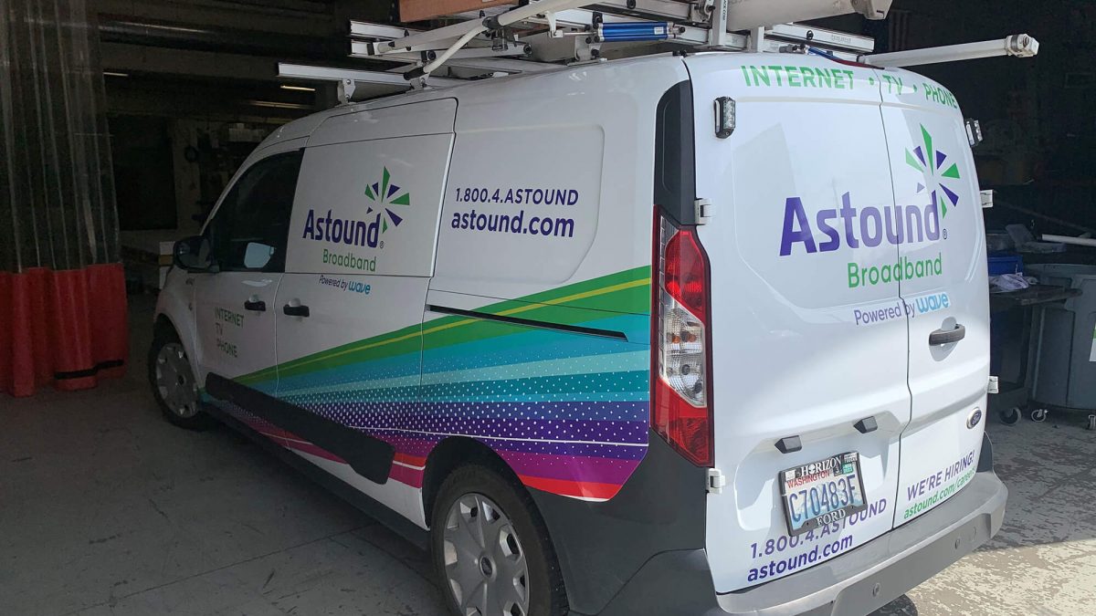Astound Broadband fleet wrap, produced and installed by SuperGraphics. Showcases branded informational messaging and branded graphics for service vehicle.