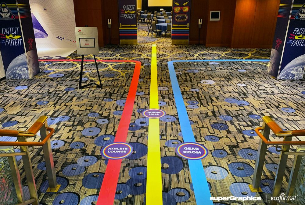 Brooks PR Invitational hotel graphics, completed by SuperGraphics. Includes wall graphics, floor graphics, banners, and freestanding graphics.