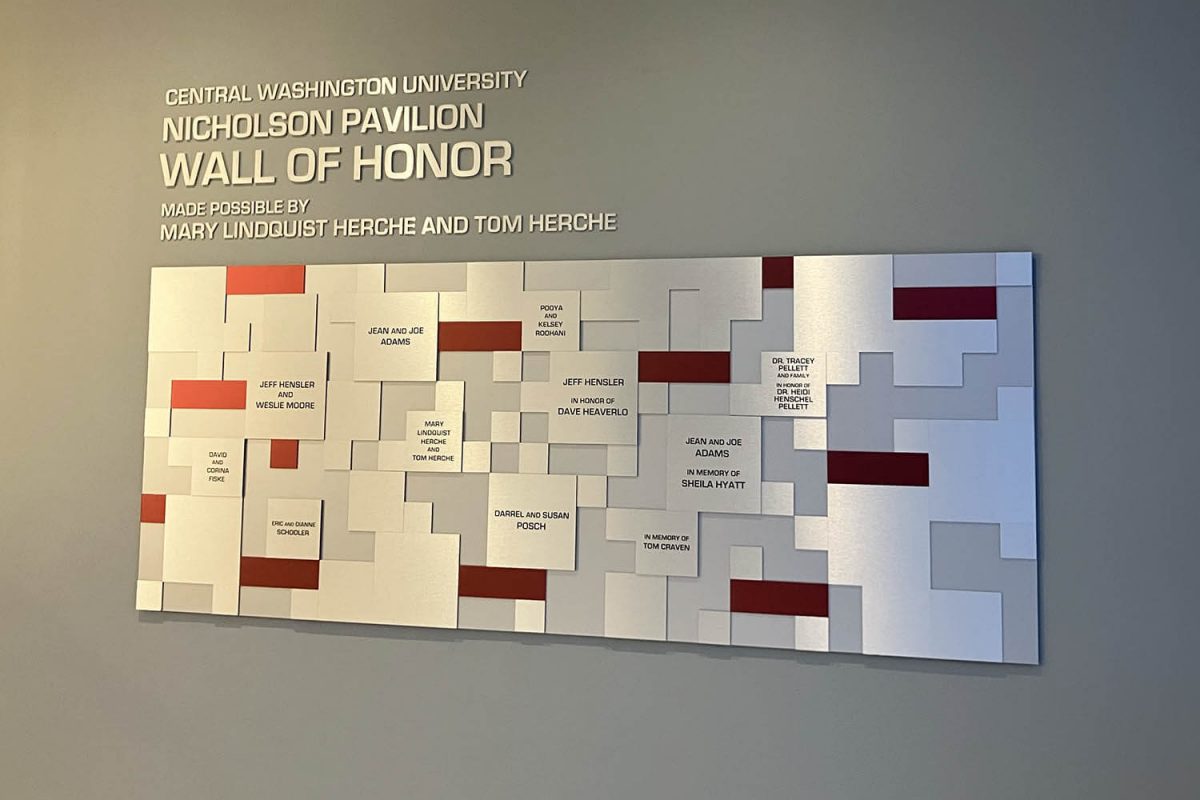 Dimensional donor recognition display featuring layered metal panels with engraved names, mounted on a gray wall at Central Washington University.