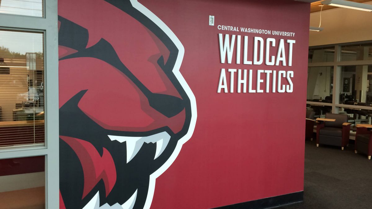Central Washington University wall graphics, produced and installed by SuperGraphics. Showcases wildcat and messaging: "Wildcat Athletics."