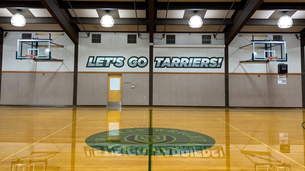 Charles Wright Academy gym graphics, produced and installed by SuperGraphics. Showcases messaging "Let's go Tarriers" on wall.