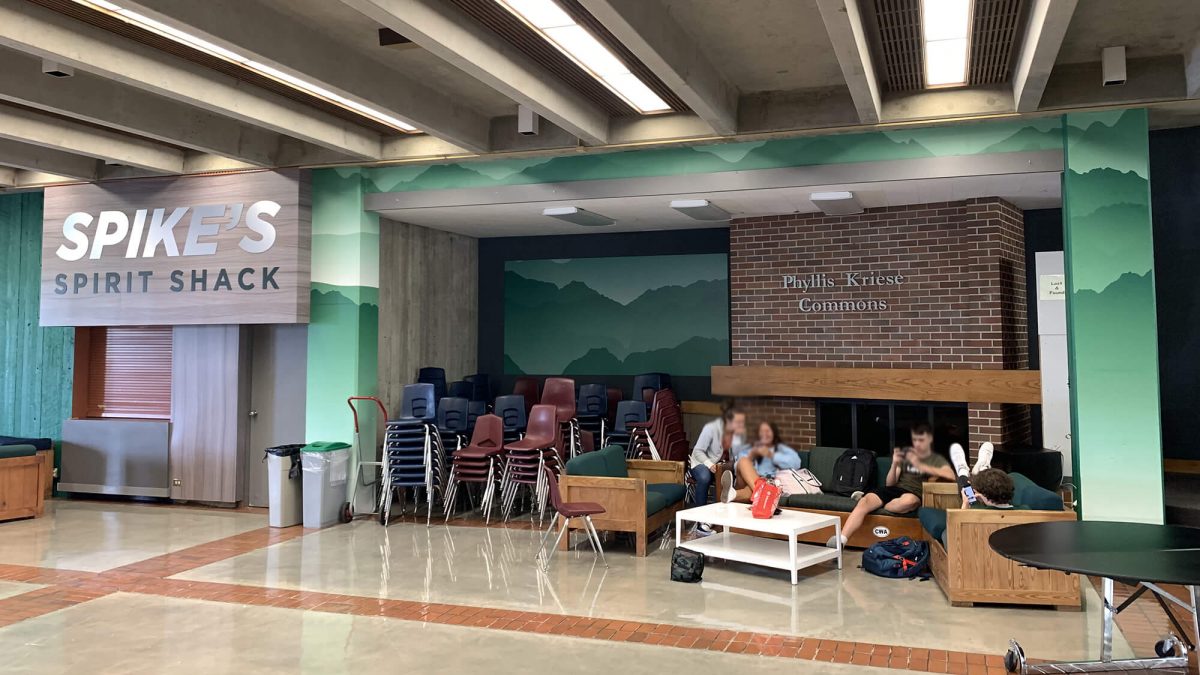 Charles Wright Academy lounge wall graphics, produced and installed by SuperGraphics. Showcases signage for Spike's Shake Shack" and forest wall mural behind student lounge.