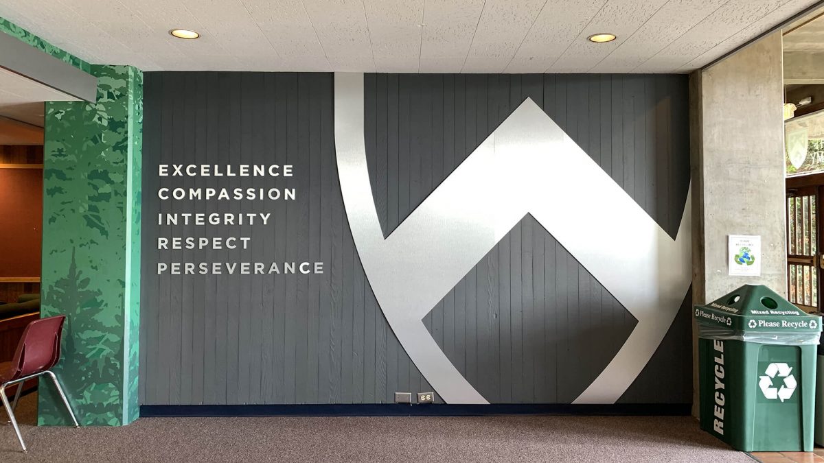Charles Wright Academy mission wall signage, produced and installed by SuperGraphics. Featuring dimensional school logo and messaging.