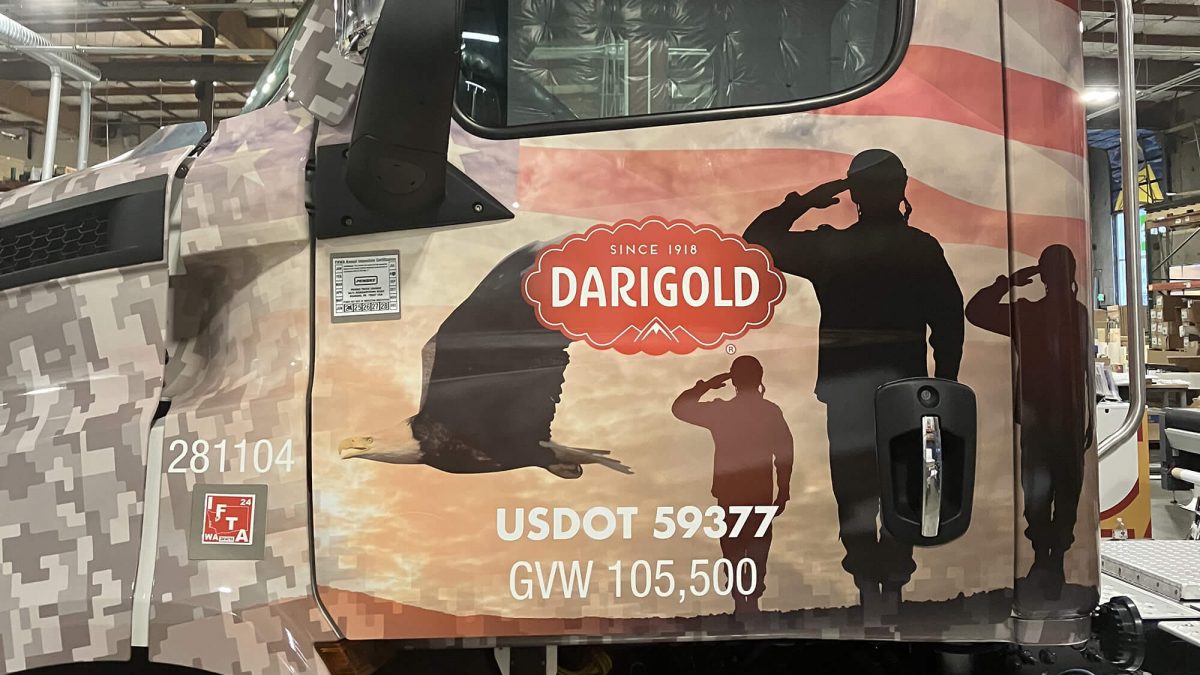 Darigold Fleet Wrap, produced and installed by SuperGraphics. Showcases Darigold branding in front of American patriotic photography.