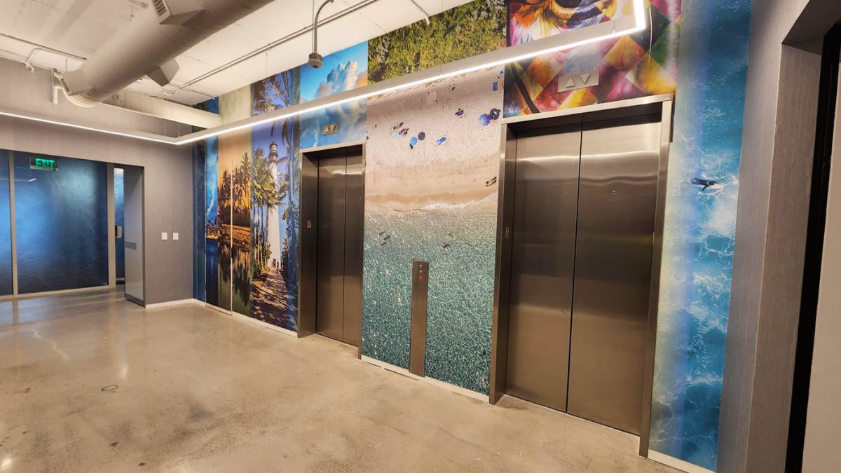 Photo of elevator graphics for corporate office, produced and installed by SuperGraphics. Showcases fun aquatic photography around bay of elevator doors.