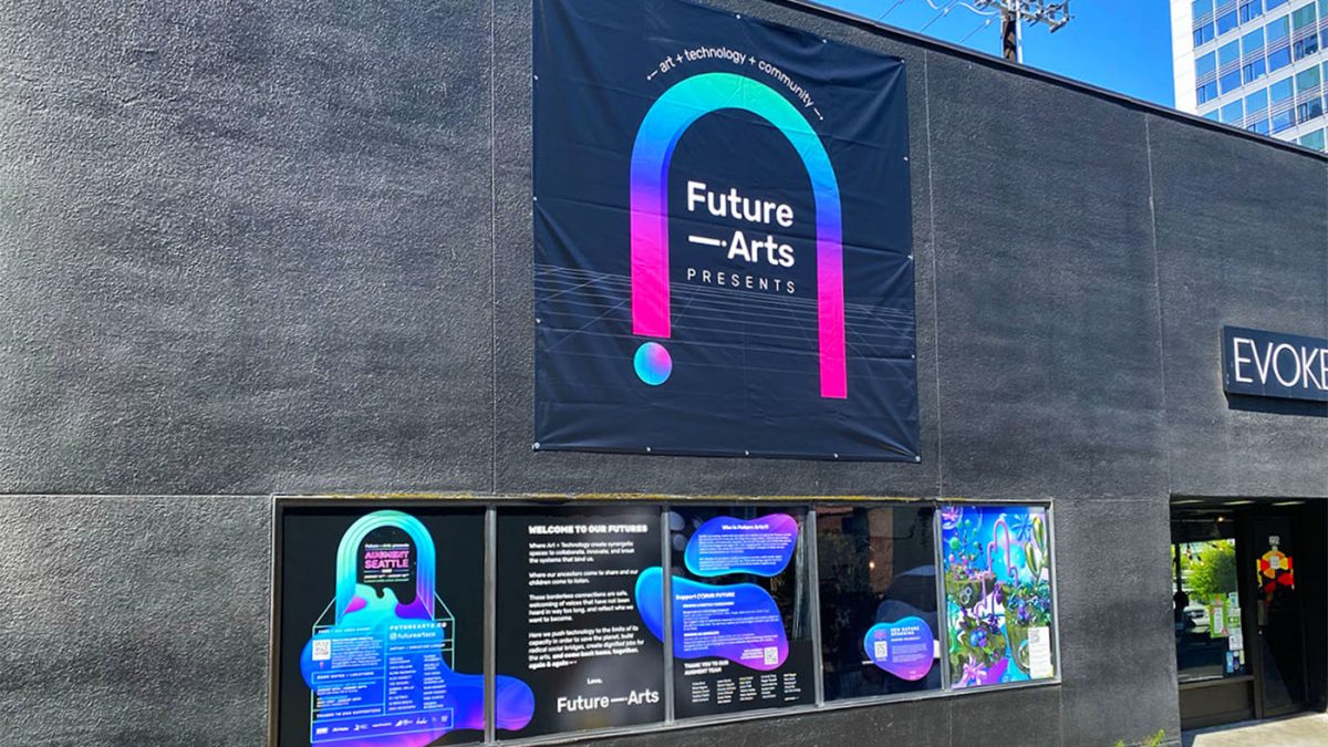Event Graphics for Future Art's Augment Seattle event at 9th and Thomas, completed by SuperGraphics. Features wall, window, floor graphics, and banners with accompanying QR codes to make the graphics come to life in AR realm. All graphics are printed on EcoFormat™ PVC-free recyclable material.