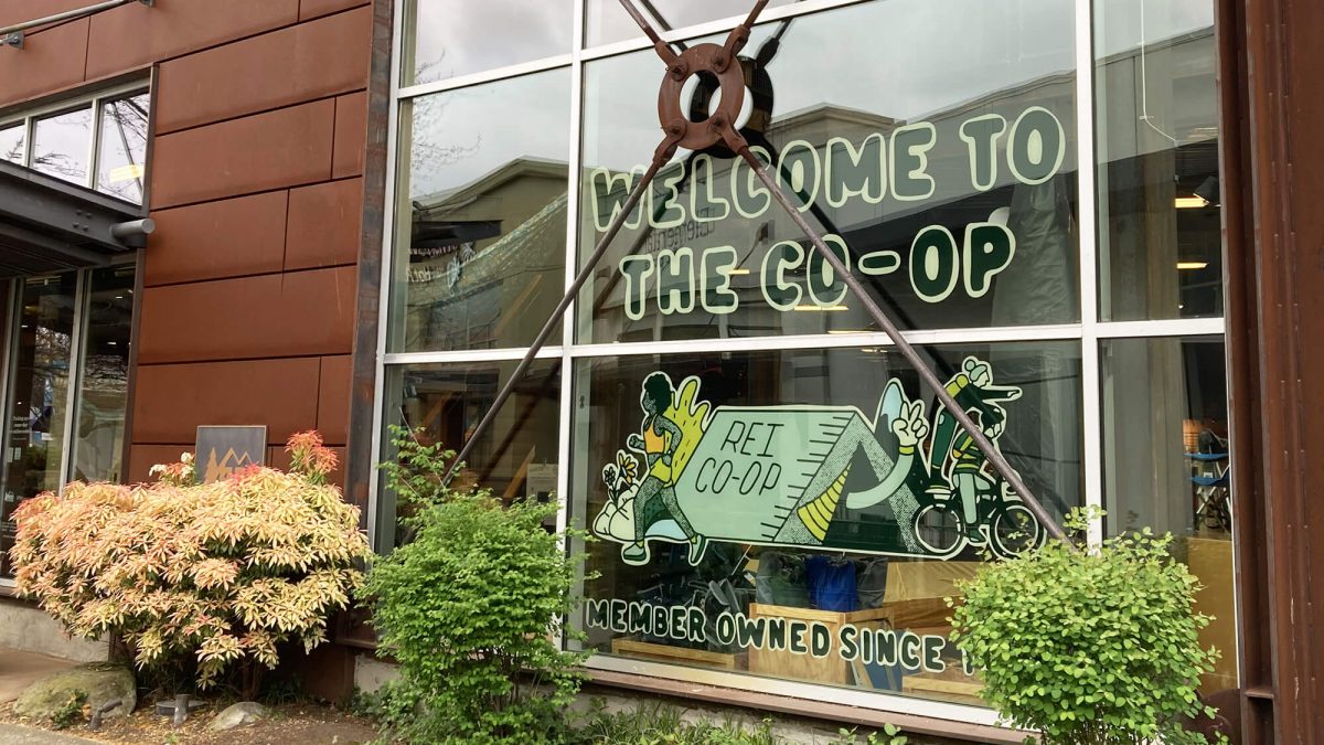 Window Graphics for REI Co-op, completed by SuperGraphics. Showcases graphic that says 'welcome to the co-op' on front of REI store.