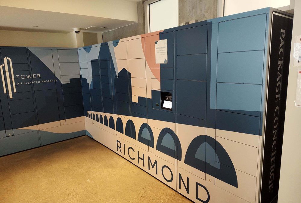 Locker wrap for Richmond Apartments, produced and installed by SuperGraphics.