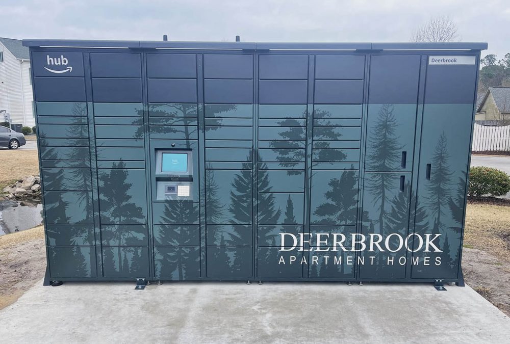 Locker wrap for Deerbrook Apartments, produced and installed by SuperGraphics.