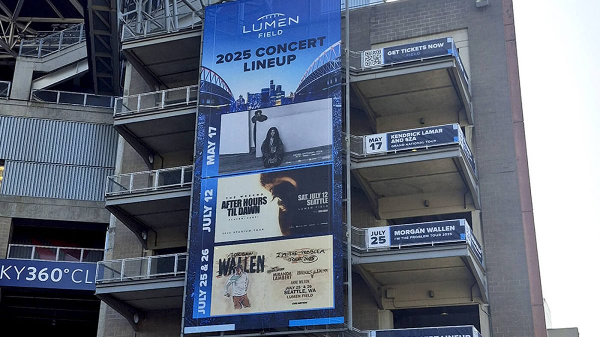 Concert banner at Lumen Field, produced and Installed by SuperGraphics. Shows upcoming artists playing in the stadium.