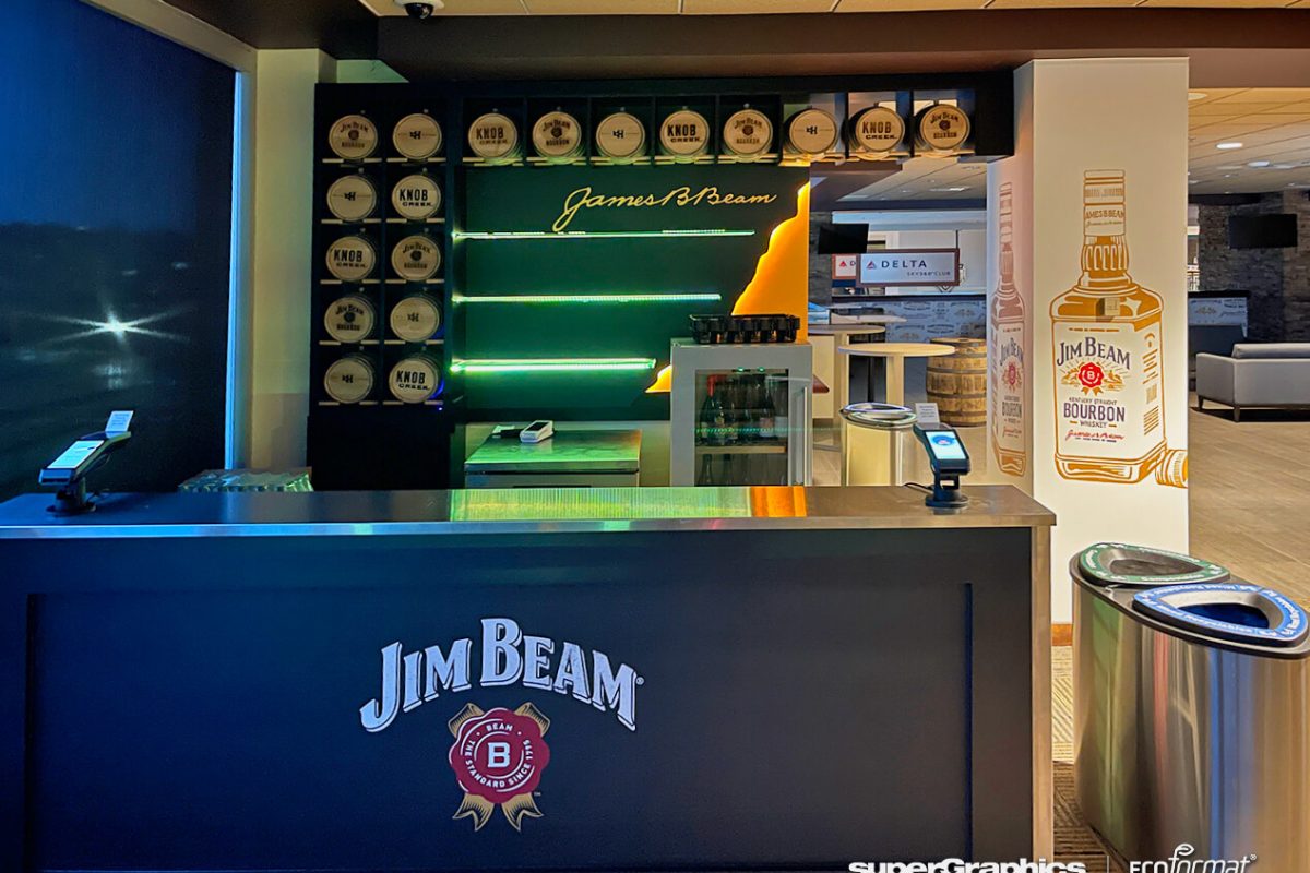 Jim Beam branded bar area with wall graphics at Lumen Field.