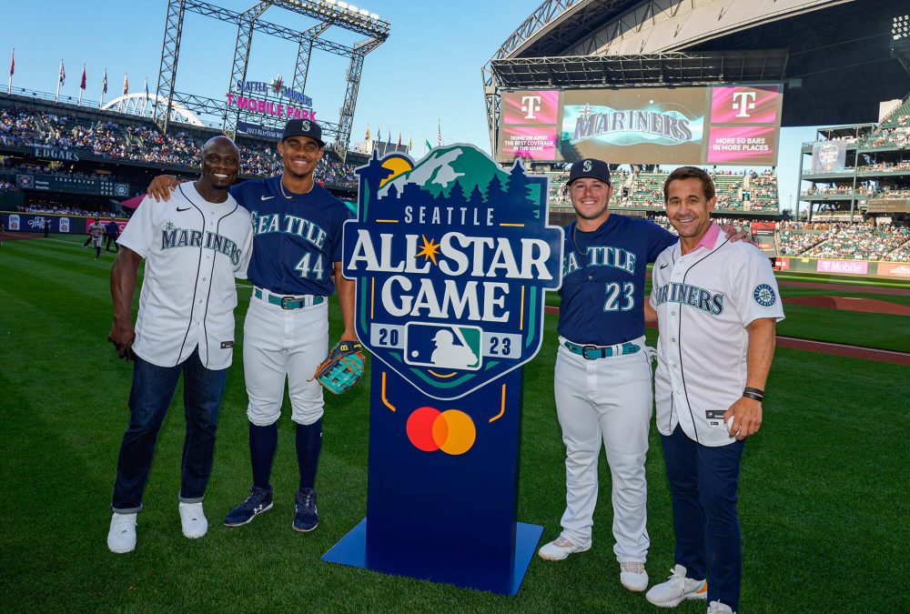 Seattle Mariners All Star Game free-standing signage, produced by SuperGraphics. Showcases various players taking photo-op around signage.