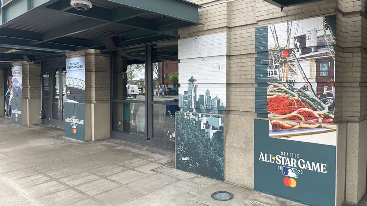 Seattle Mariners All Star Game wall graphics, produced and installed by SuperGraphics. Showcases event branding outside of stadium.