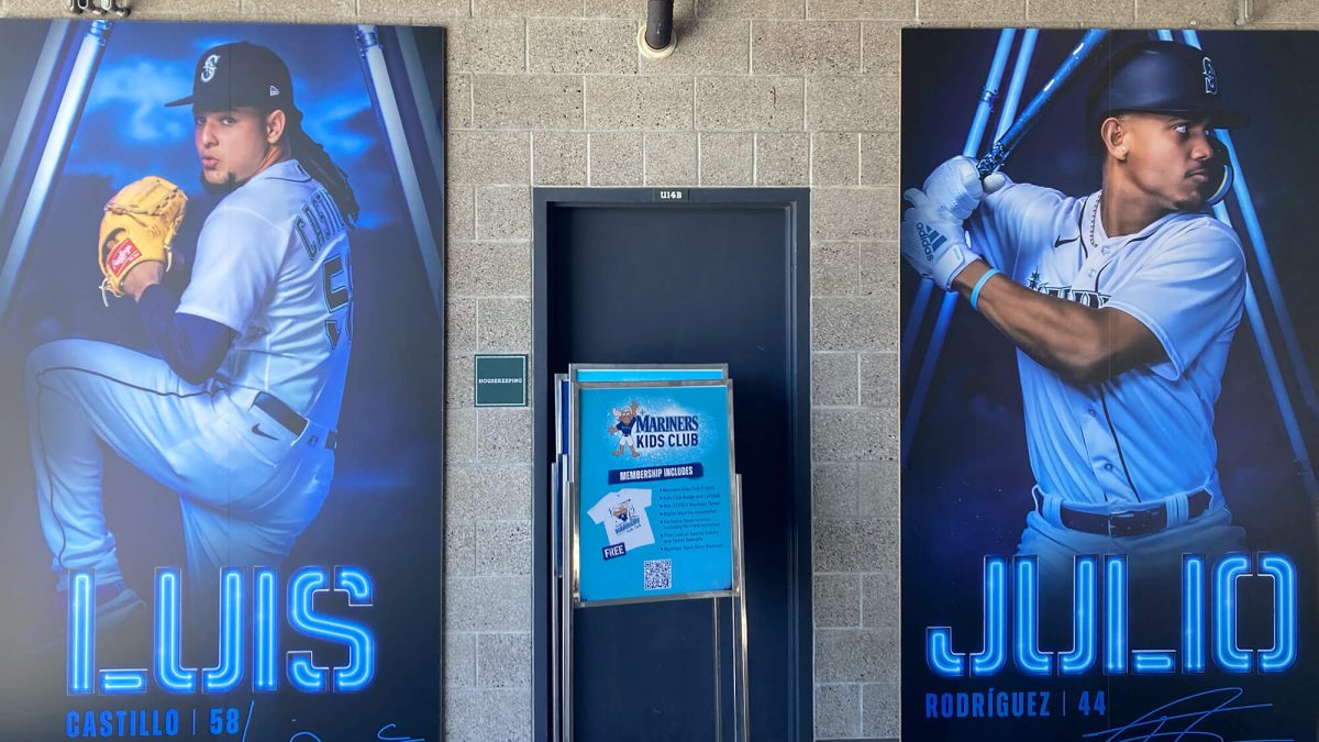 Seattle Mariners player signage, produced and installed by SuperGraphics. Showcases players in blue branding.