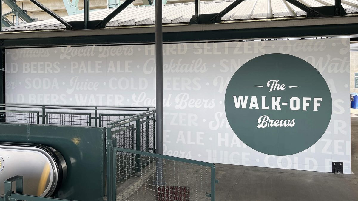 Seattle Mariners Walk off Market wall mural, produced and installed by SuperGraphics. Showcases walk-off market branding.