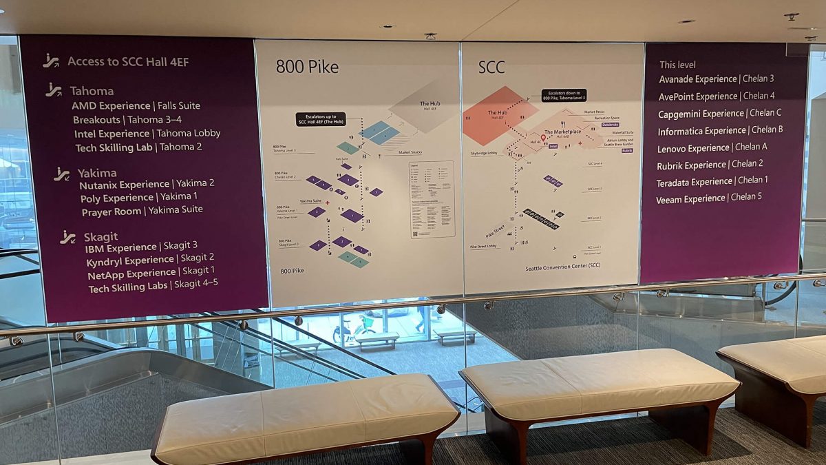 Microsoft event wayfinding signage, produced and installed by SuperGraphics. Showcases map of event space on glass wall.