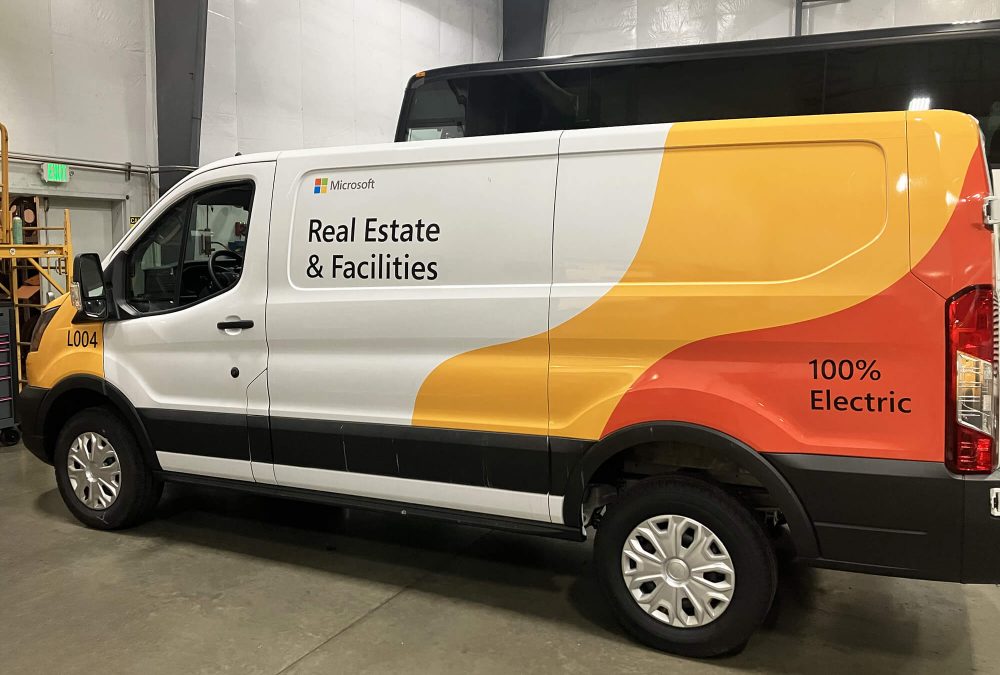 Microsoft fleet wrap, produced and installed by SuperGraphics. Showcases service vehicle branding for Microsoft's Real Estate and Facilities department.