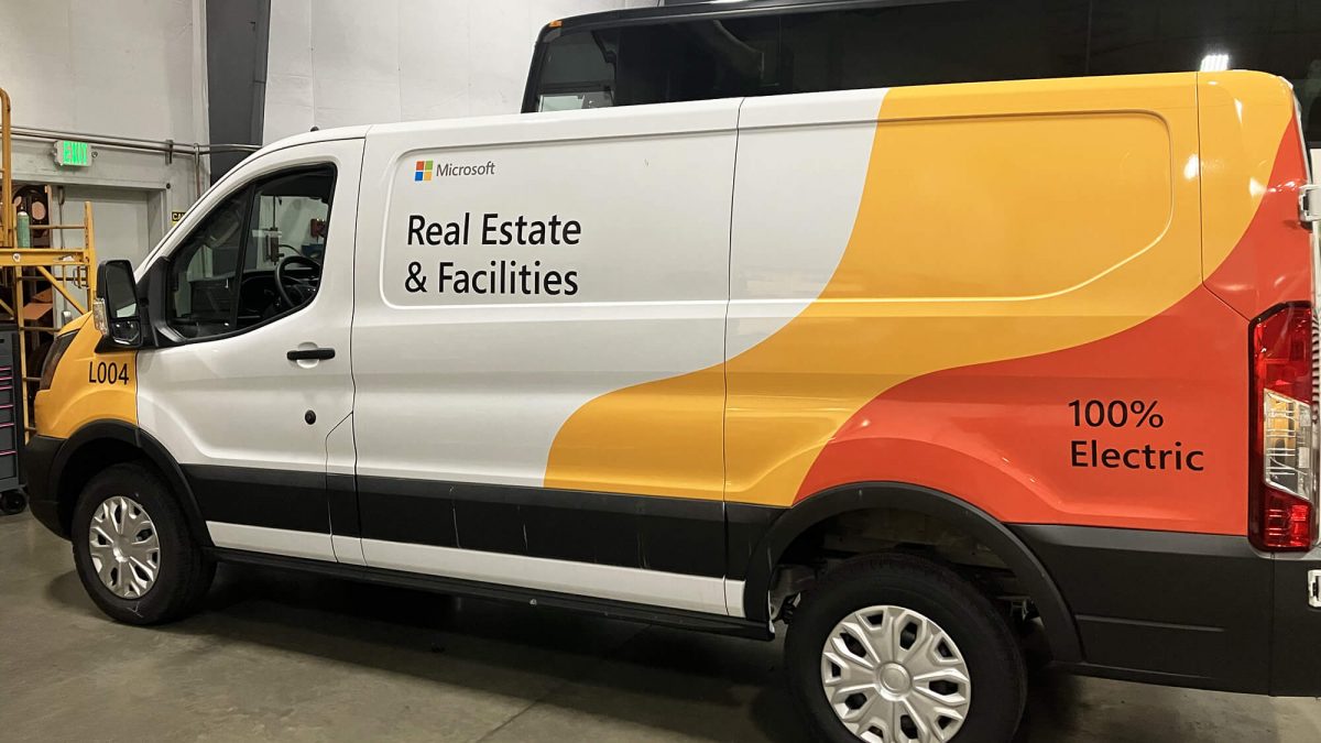 Microsoft fleet wrap, produced and installed by SuperGraphics. Showcases service vehicle branding for Microsoft's Real Estate and Facilities department.