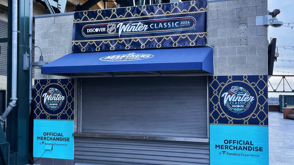 NHL Winter Classic POP signage, produced and installed by SuperGraphics. Presents official merchandise for event at stadium.