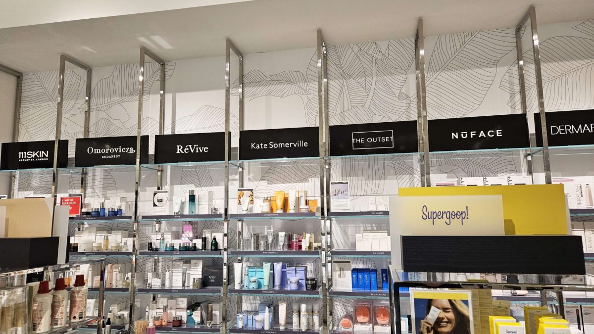 Nordstrom Beauty signage, produced by SuperGraphics. Showcases product signage above displays.