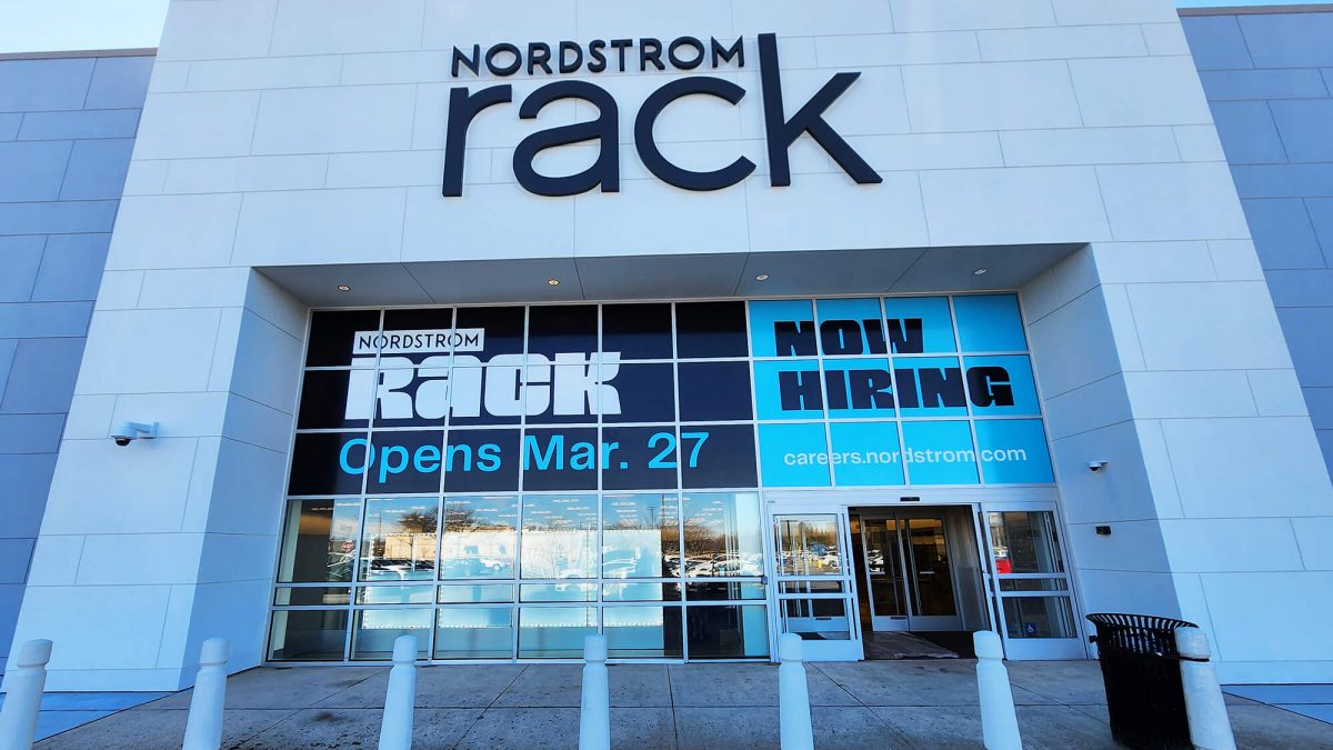 Nordstrom Rack store opening window graphics, produced and installed by SuperGraphics.