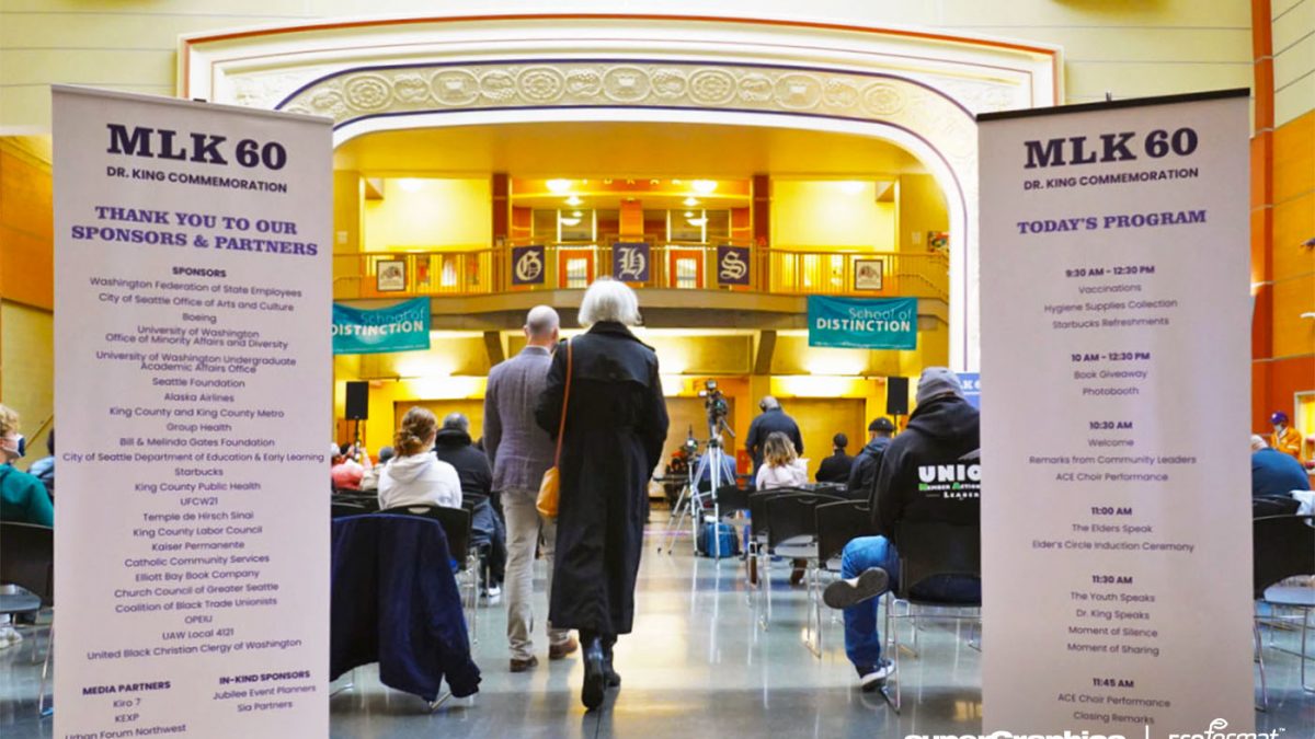 Evenet signage for a Northwest African American Museum 2021 event, Dr. King's Commemoration, completed by SuperGraphics.
