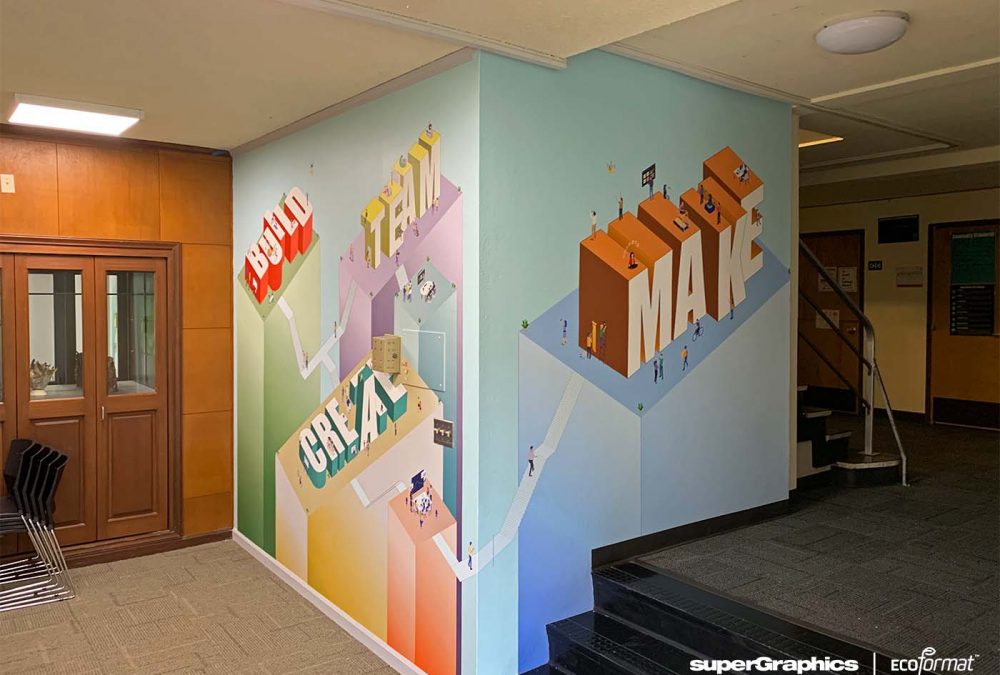 PLU Hinderlie Markerspace Murals, completed by SuperGraphics. Dimensional wall graphics and wall covering.