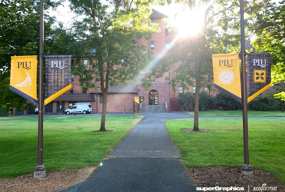 Pole banners for PLU campus produced by SuperGraphics..