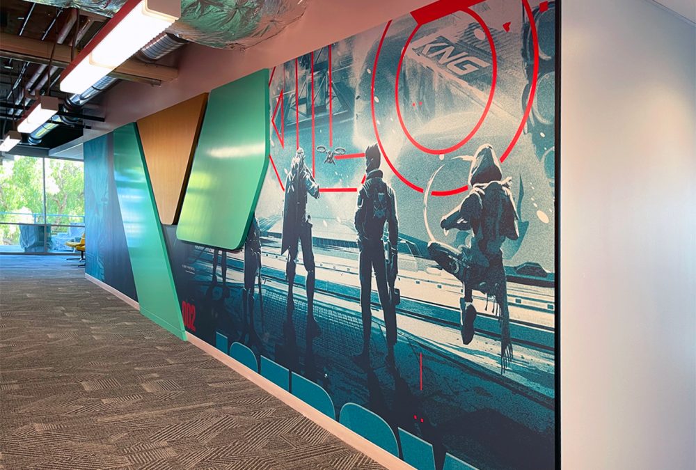 Riot Games corporate office wall mural, produced and installed by SuperGraphics.