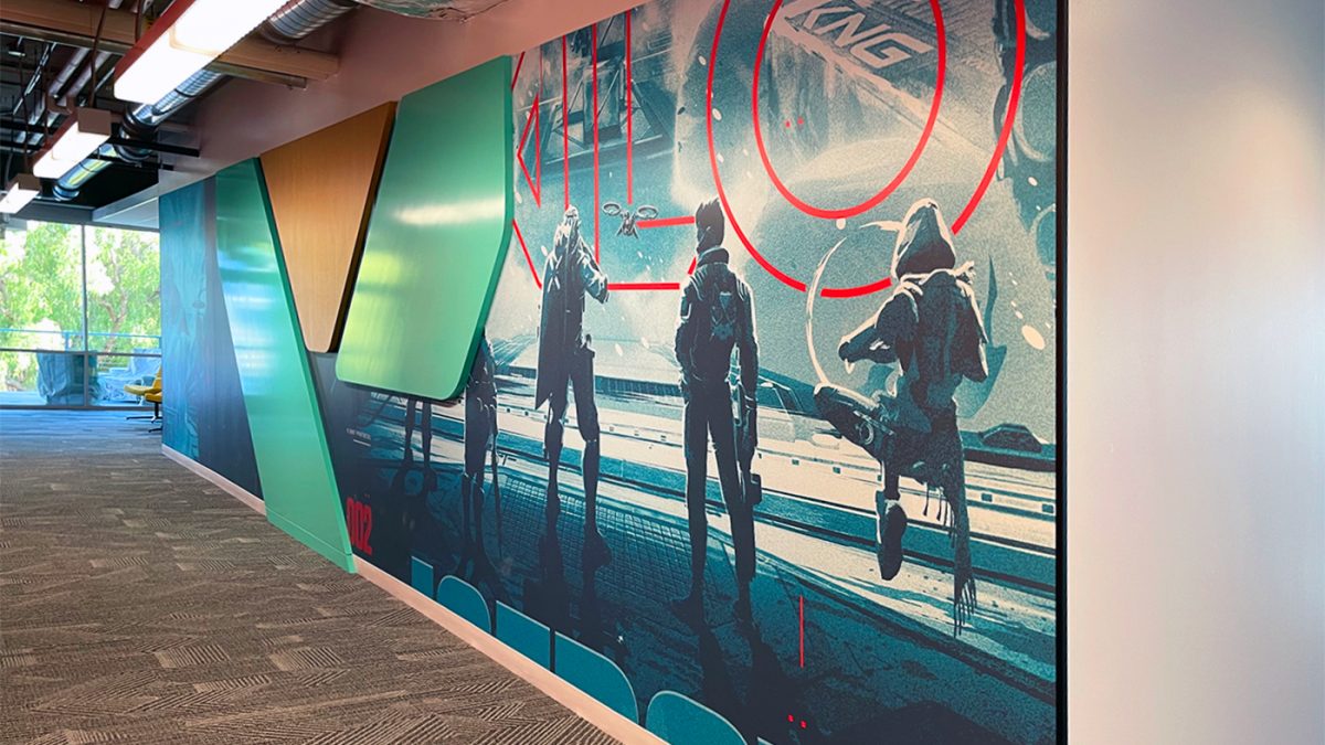 Riot Games corporate office wall mural, produced and installed by SuperGraphics.