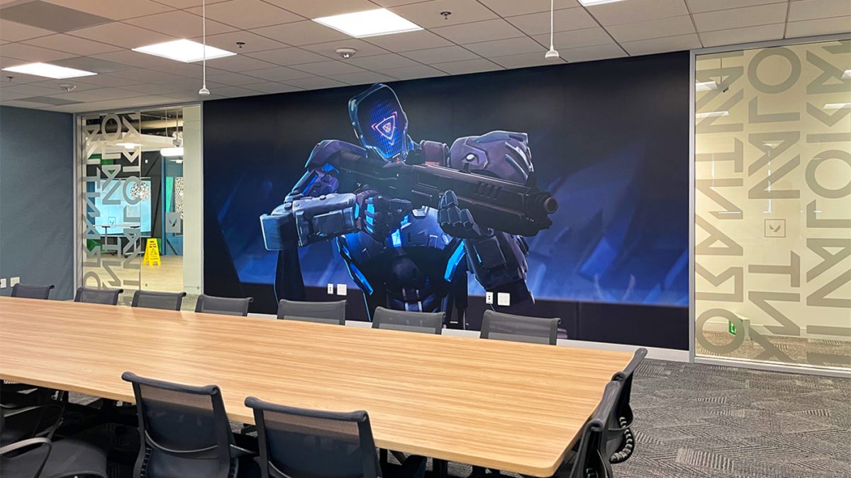 Riot Games corporate office wall mural, produced and installed by SuperGraphics.