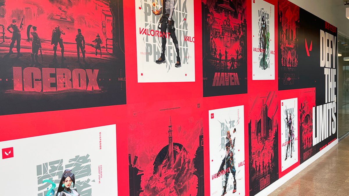 Riot Games corporate office wall mural, produced and installed by SuperGraphics.