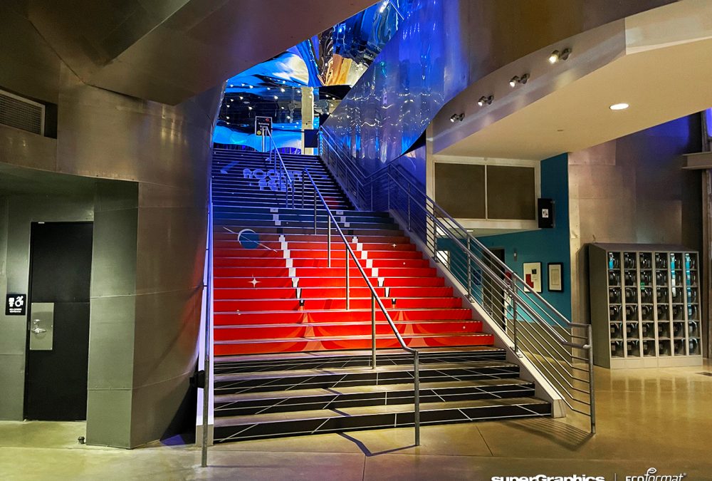 Vibrant stair risers with space theme at MoPOP Museum, Seattle, WA.