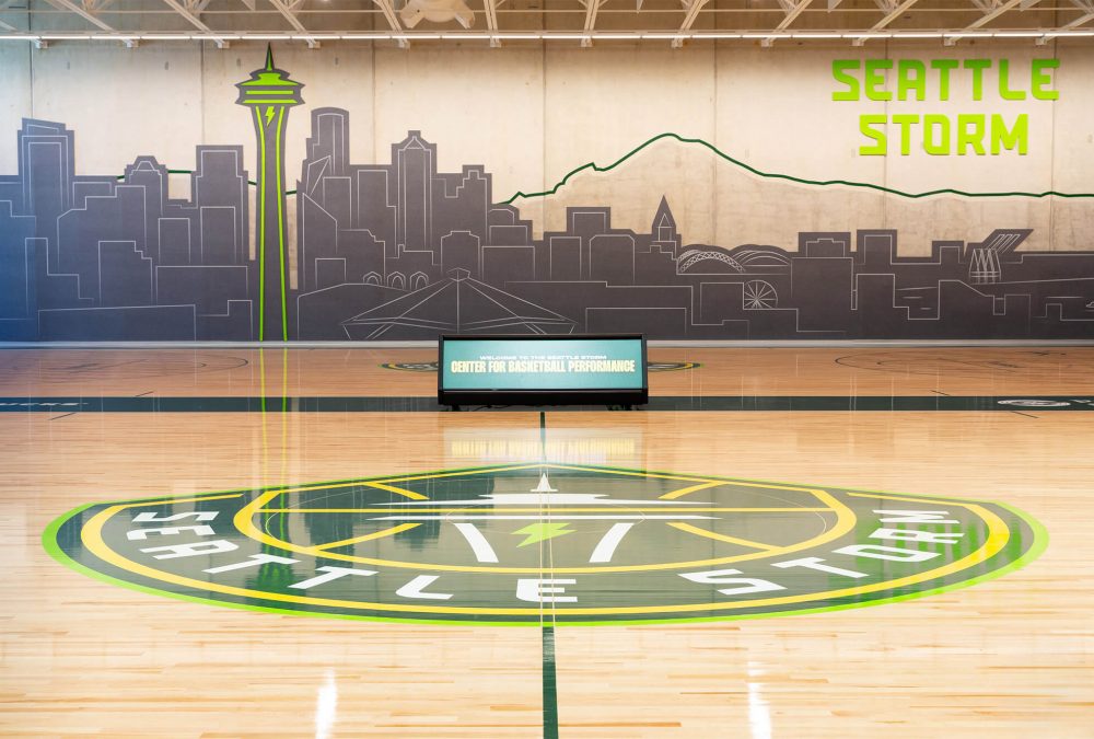 Court and wall graphics for Seattle Storm training facility, completed by SuperGraphics.