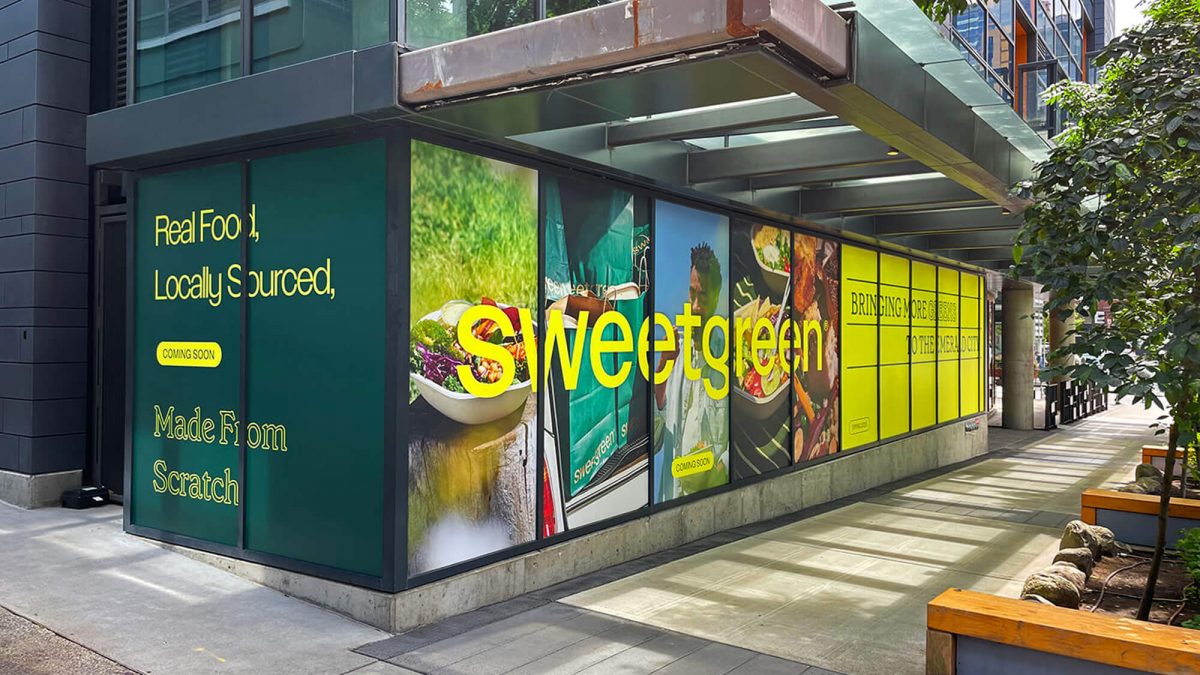 Blockout window graphics for Sweetgreen, completed by SuperGraphics. Graphics announce new location opening up soon.