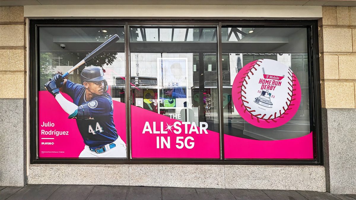 Window clings for a T-Mobile collaboration with MLB, promoting 'All Star' game on storefronts.