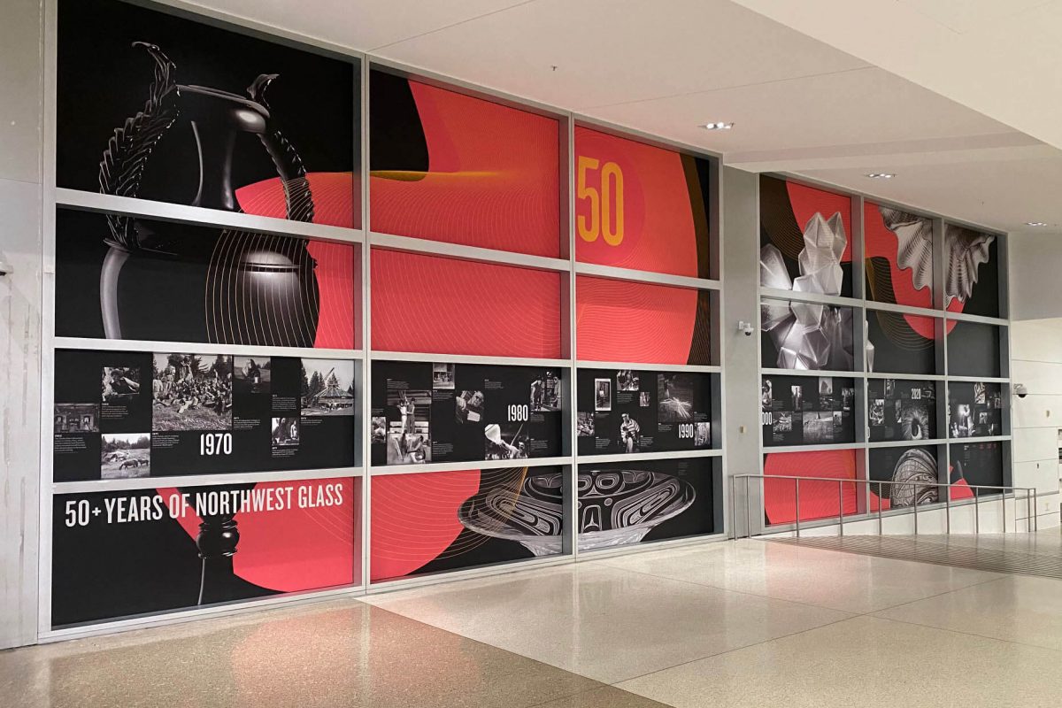 Large-scale interior wall graphics at Museum of Glass highlighting 50+ years of Northwest glass art through archival imagery, timelines, and bold graphic panels, produced and installed by SuperGraphics.